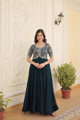 Luxury Designer Gown For Women - High-quality Faux Blooming Fabric With Zari Thread & Sequins Embroidery
