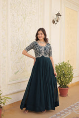 Luxury Designer Gown For Women - High-quality Faux Blooming Fabric With Zari Thread & Sequins Embroidery