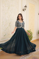 Luxury Designer Gown For Women - High-quality Faux Blooming Fabric With Zari Thread & Sequins Embroidery