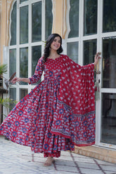 Traditional Printed Anarkali Suit Set In Rich Red & Black Hues With Ethnic Motifs, Dupatta & Coordinated Pants – Pure Cotton Combo For Daily Wear