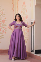 Embroidered Silk Readymade Gown – Festive & Party Wear Elegance