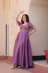 Embroidered Silk Readymade Gown – Festive & Party Wear Elegance