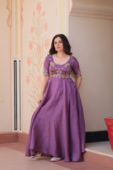 Embroidered Silk Readymade Gown – Festive & Party Wear Elegance