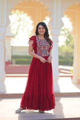 Designer Red Color Faux Blooming Embroidered work Gown