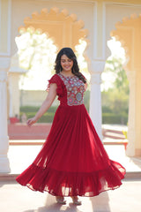 Designer Red Color Faux Blooming Embroidered work Gown