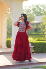 Designer Red Color Faux Blooming Embroidered work Gown