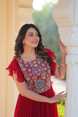 Designer Red Color Faux Blooming Embroidered work Gown