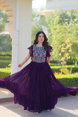Designer Purple Color Faux Blooming Embroidered work Gown