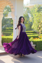 Designer Purple Color Faux Blooming Embroidered work Gown