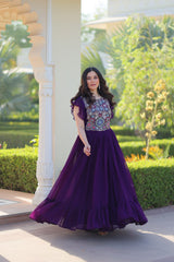 Designer Purple Color Faux Blooming Embroidered work Gown