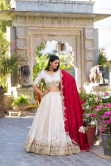 Off white Color Sequins And Thread Embroidery Work Vichitra Silk Lehenga Choli