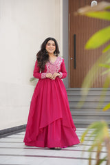 Aesthetic Hot Pink Bead Embroidery Georgette Designer Gown
