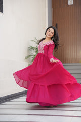 Aesthetic Hot Pink Bead Embroidery Georgette Designer Gown