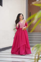 Aesthetic Hot Pink Bead Embroidery Georgette Designer Gown
