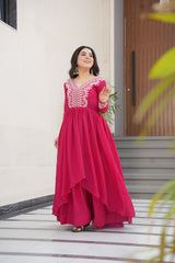 Aesthetic Hot Pink Bead Embroidery Georgette Designer Gown