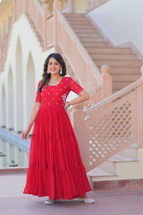 Delicate Red Georgette Embroidered Festival Wear Gown