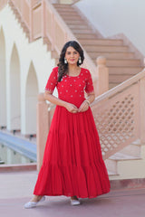 Delicate Red Georgette Embroidered Festival Wear Gown