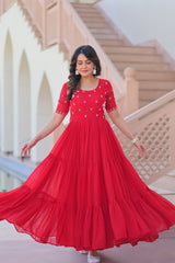 Delicate Red Georgette Embroidered Festival Wear Gown