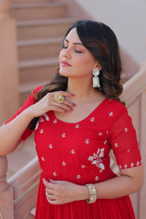 Delicate Red Georgette Embroidered Festival Wear Gown
