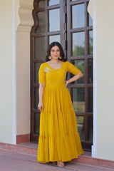 Sweet Yellow Embroidered Georgette Traditional Gown