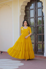 Sweet Yellow Embroidered Georgette Traditional Gown