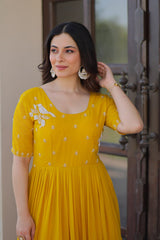 Sweet Yellow Embroidered Georgette Traditional Gown