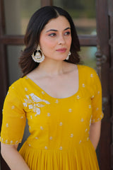 Sweet Yellow Embroidered Georgette Traditional Gown