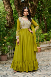 Amazing Parrot Green Georgette Beads Work Gown With Dupatta