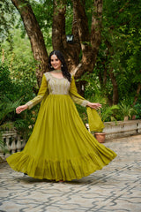 Amazing Parrot Green Georgette Beads Work Gown With Dupatta