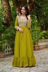 Amazing Parrot Green Georgette Beads Work Gown With Dupatta