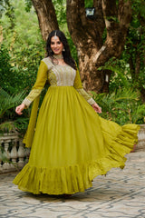 Amazing Parrot Green Georgette Beads Work Gown With Dupatta