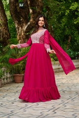 Alluring Pink Georgette Sequins Embroidered Gown With Dupatta