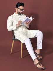 Heavy Work Men's Kurta Pajama In White Soft Silk With Sequence Embroidery