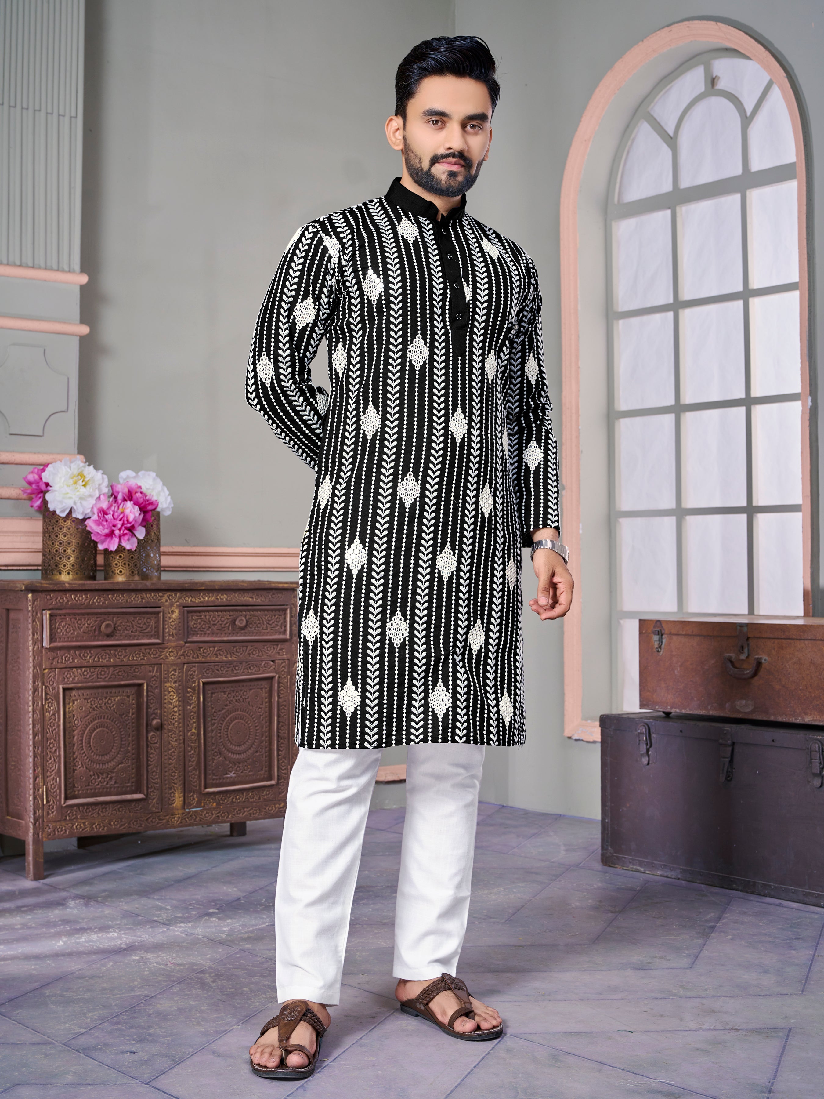 Royal Linen Mens Kurta With Embroidery Sequins Work Kurtas