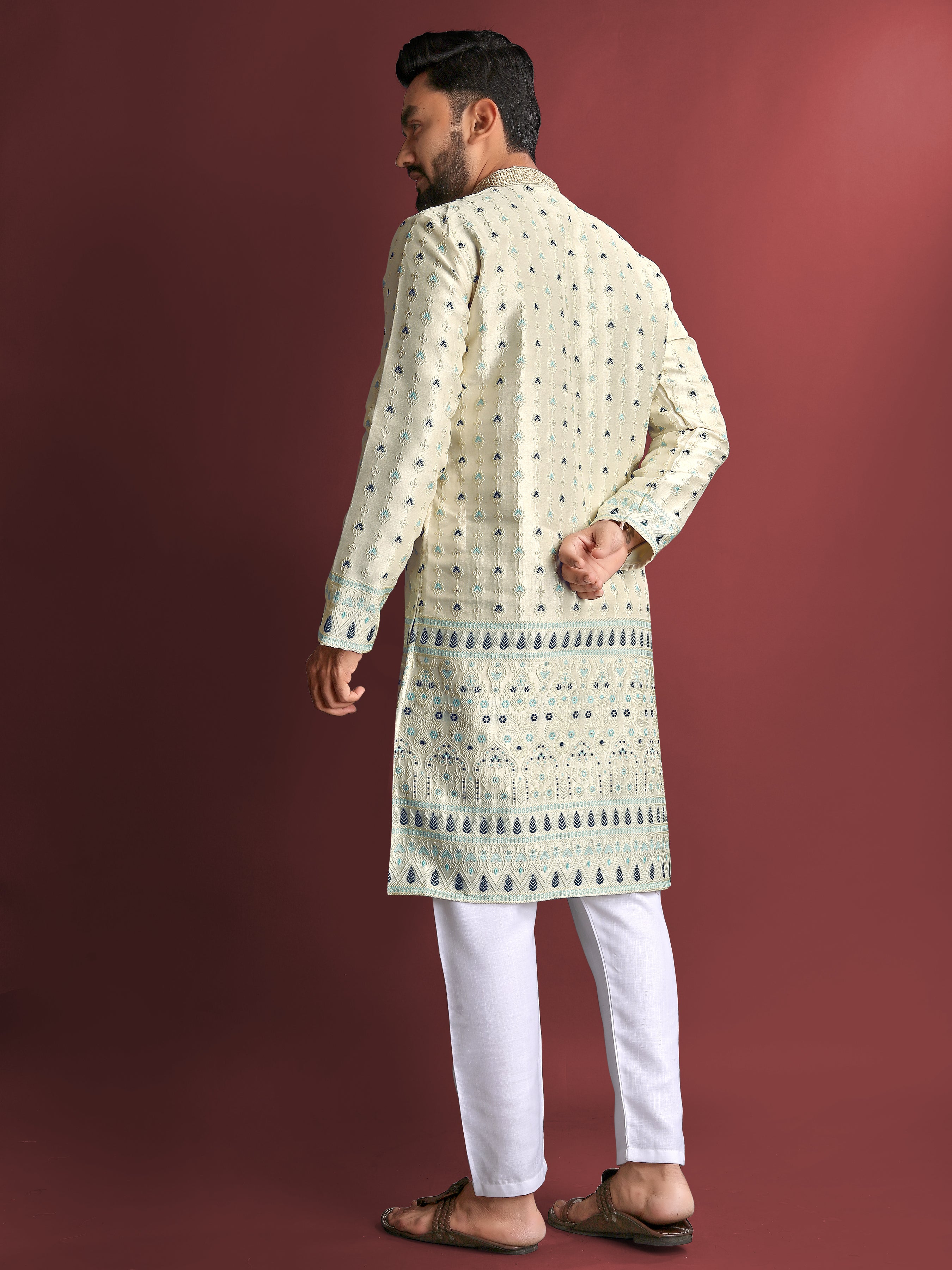 Off White Wedding Mens Kurta Pajama In Jacquard With Heavy Embossed Work