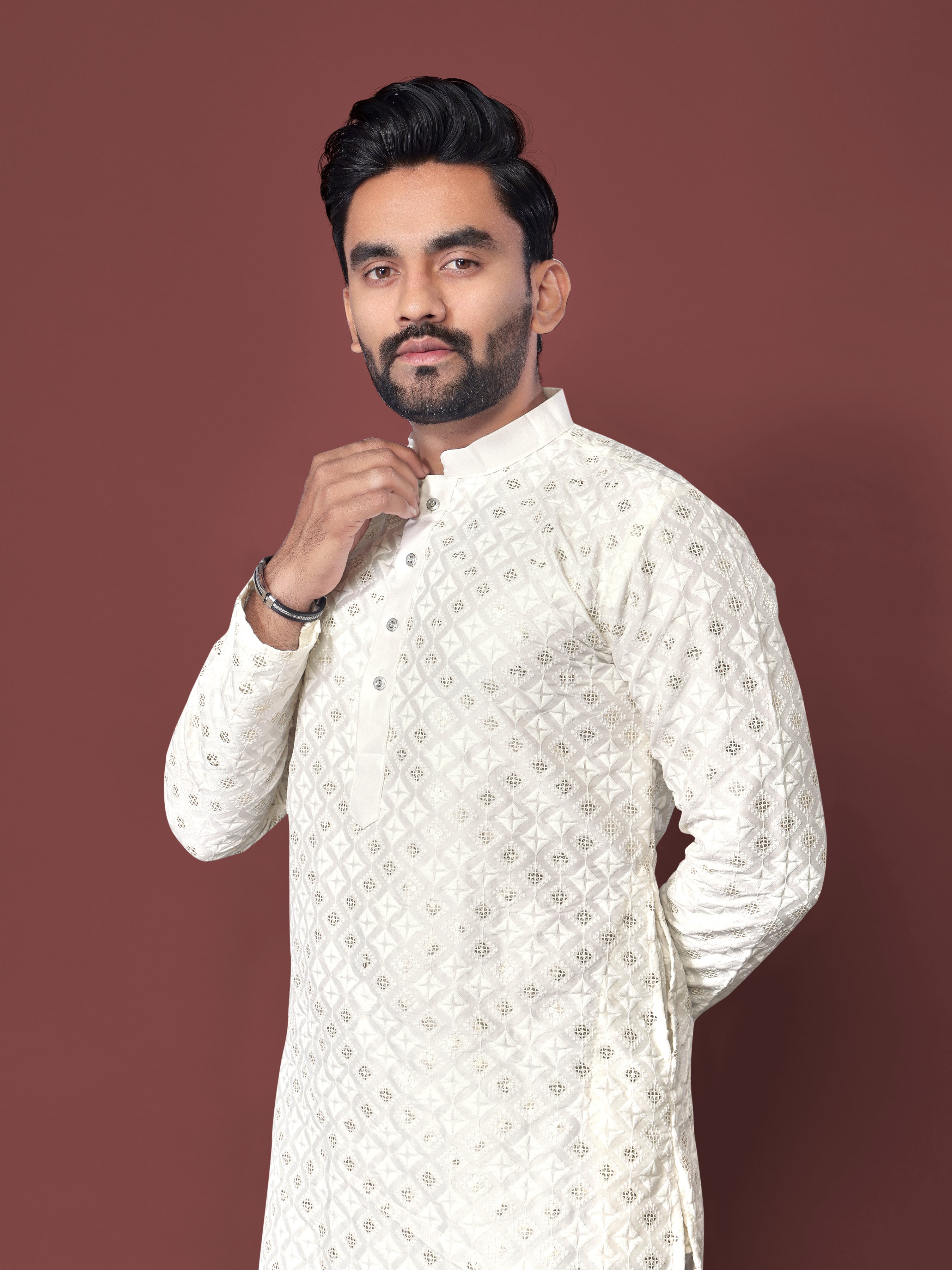 Heavy Work Men's Kurta Pajama In White Soft Silk With Sequence Embroidery
