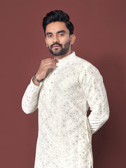 Heavy Work Men's Kurta Pajama In White Soft Silk With Sequence Embroidery