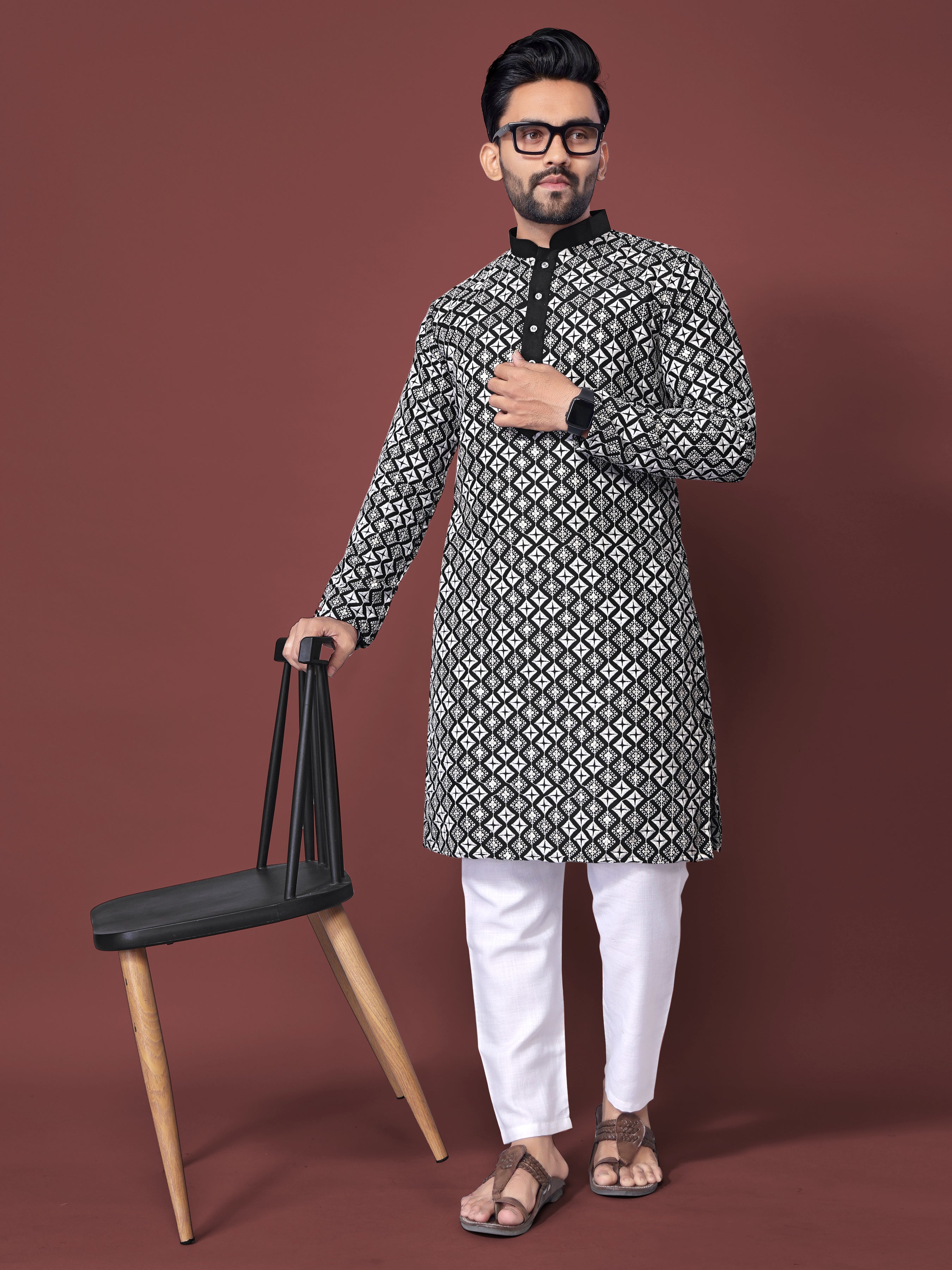 Heavy Work Men's Kurta Pajama In Black Soft Silk With Sequence Embroidery