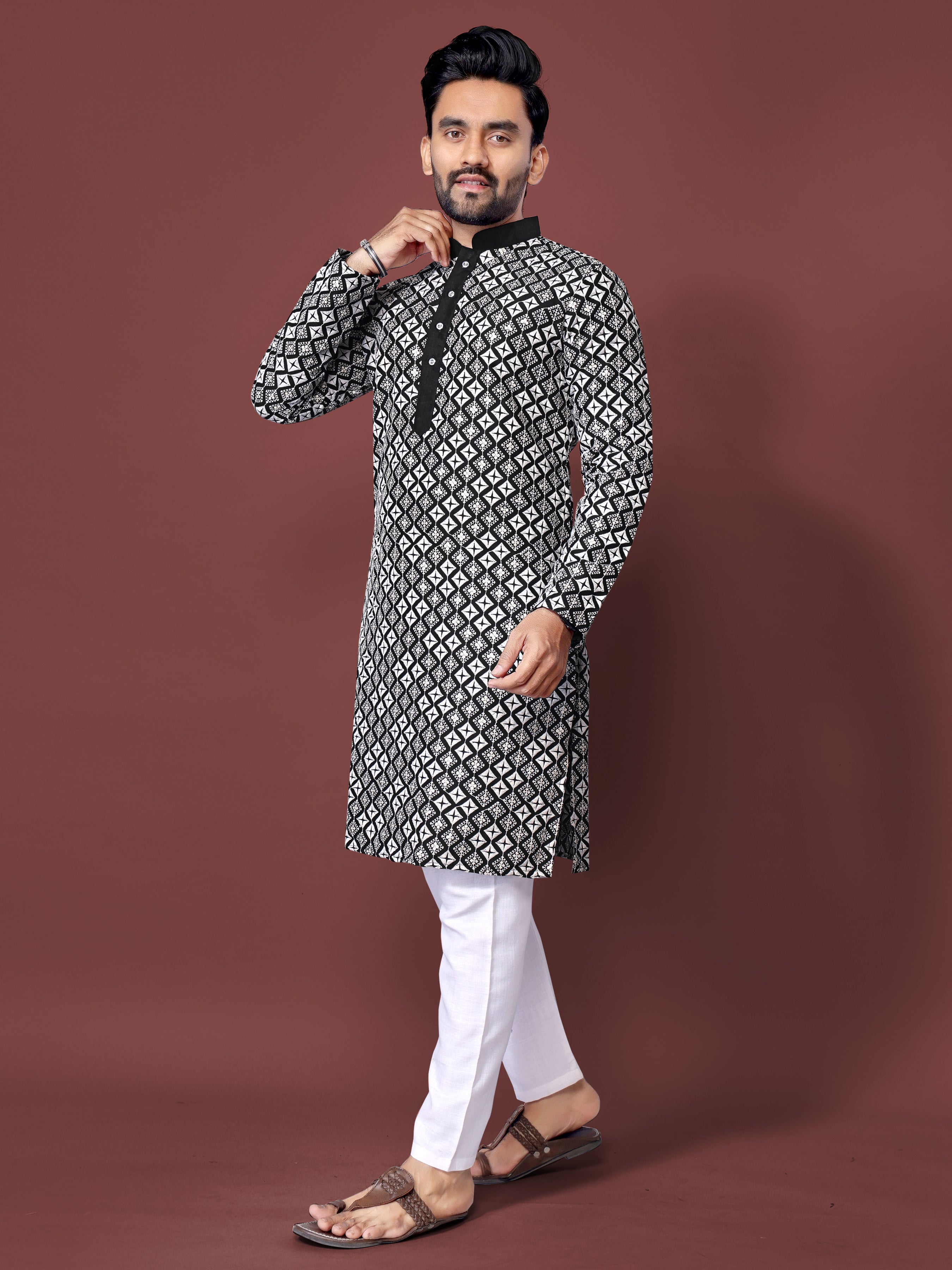 Heavy Work Men's Kurta Pajama In Black Soft Silk With Sequence Embroidery