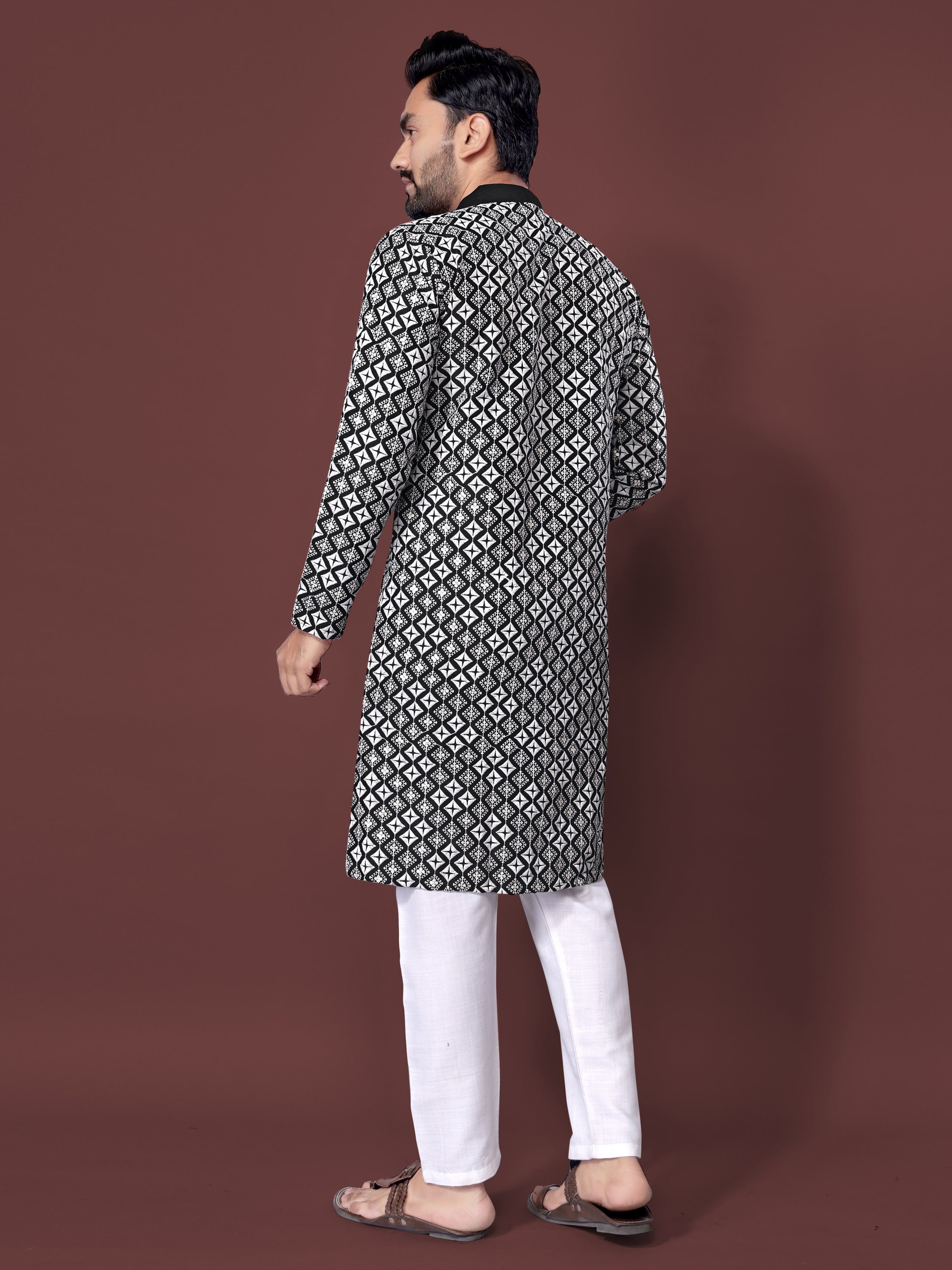 Heavy Work Men's Kurta Pajama In Black Soft Silk With Sequence Embroidery