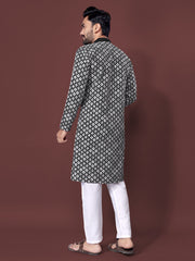 Heavy Work Men's Kurta Pajama In Black Soft Silk With Sequence Embroidery