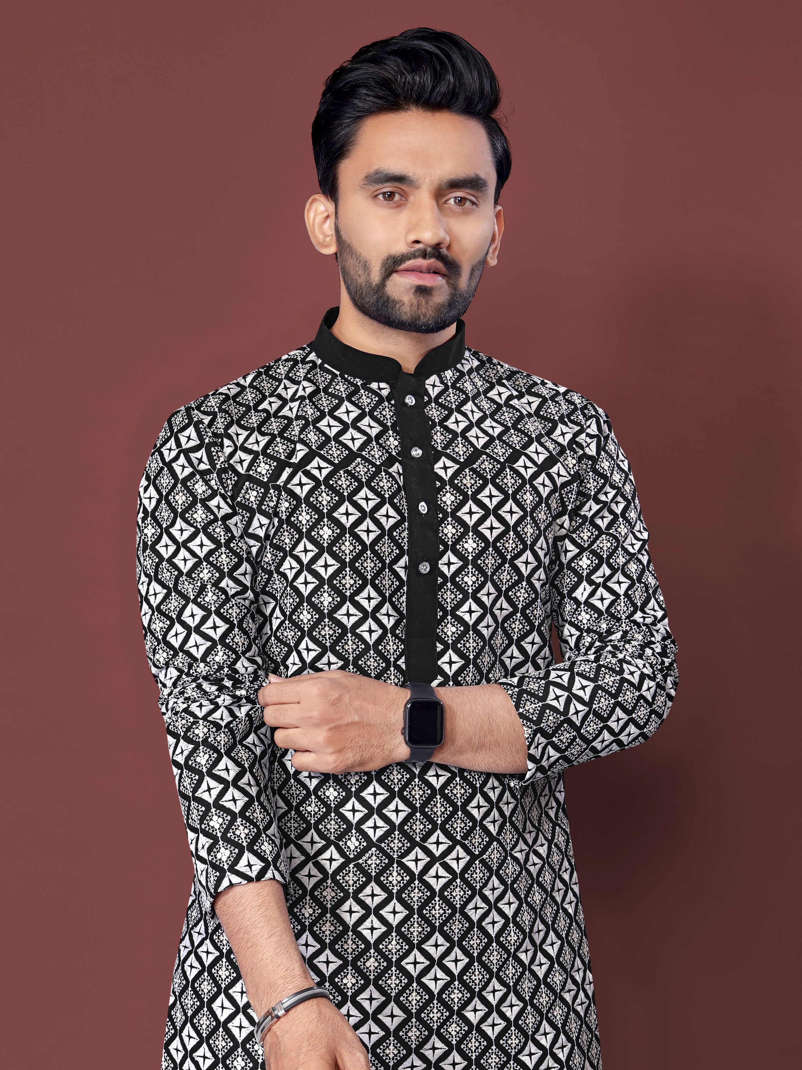 Heavy Work Men's Kurta Pajama In Black Soft Silk With Sequence Embroidery