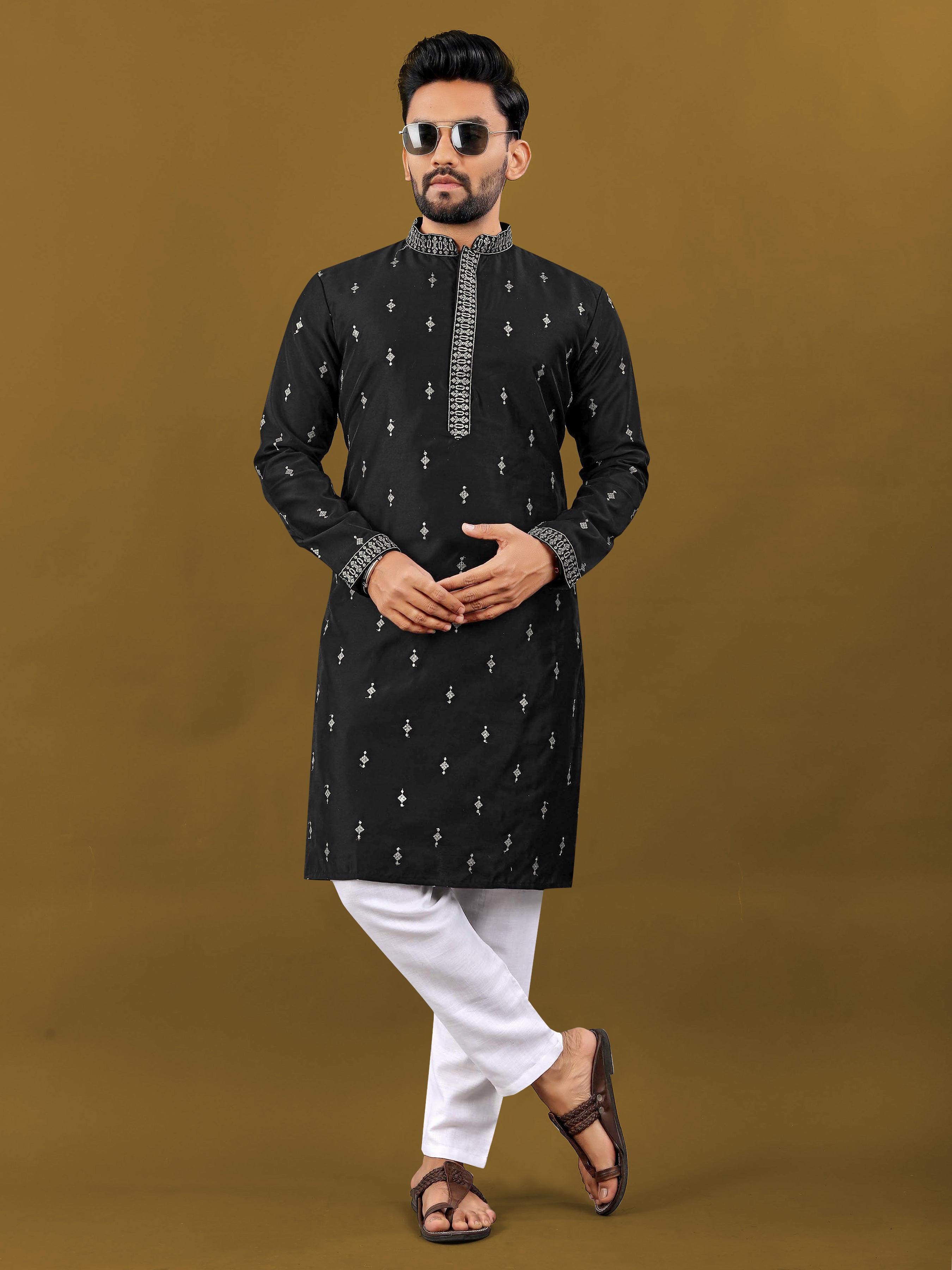 Black Color Matka Silk With Zari Work Men's Kurta With Pajama Set