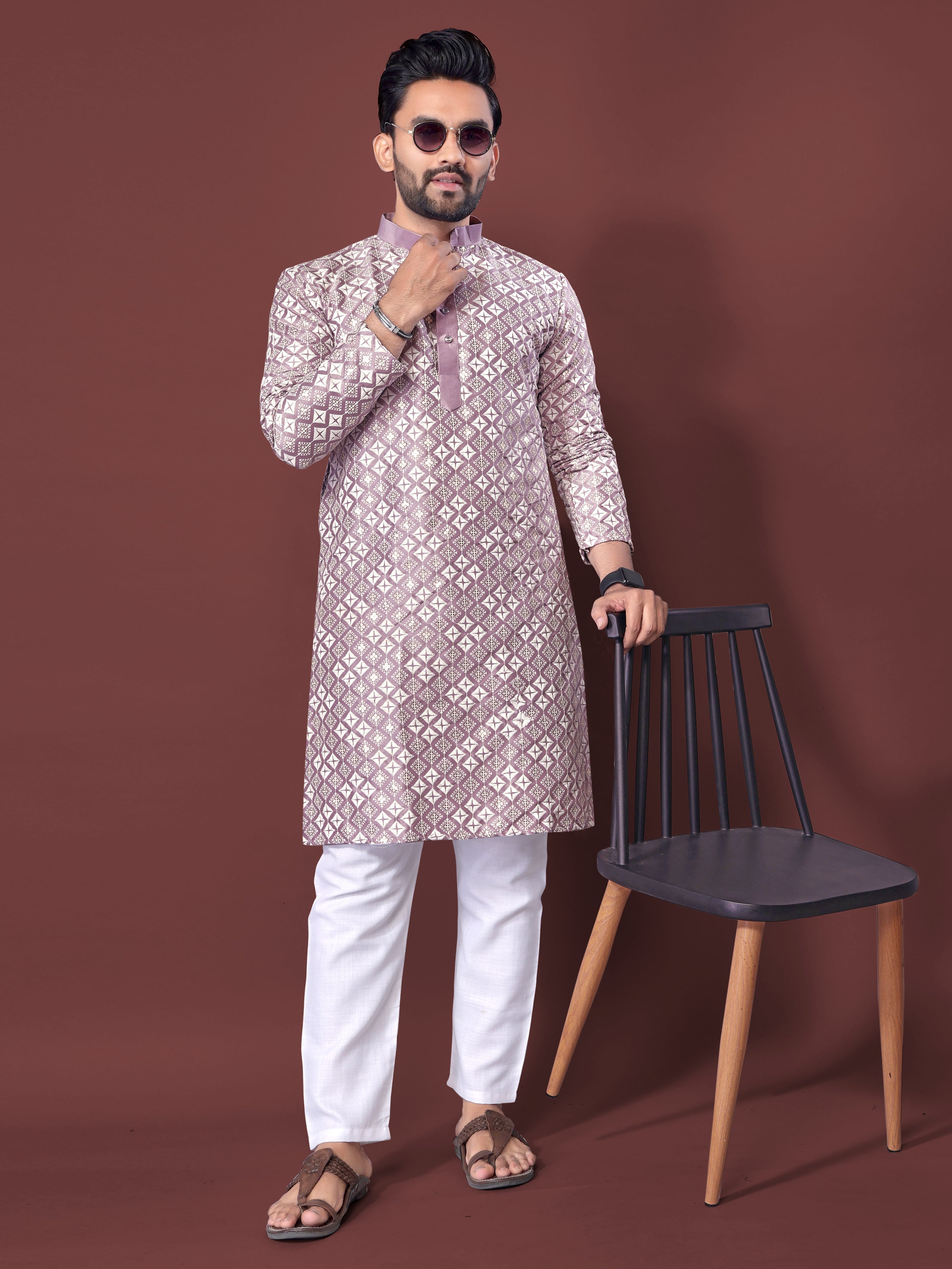 Heavy Work Men's Kurta Pajama In Lavender Soft Silk With Sequence Embroidery
