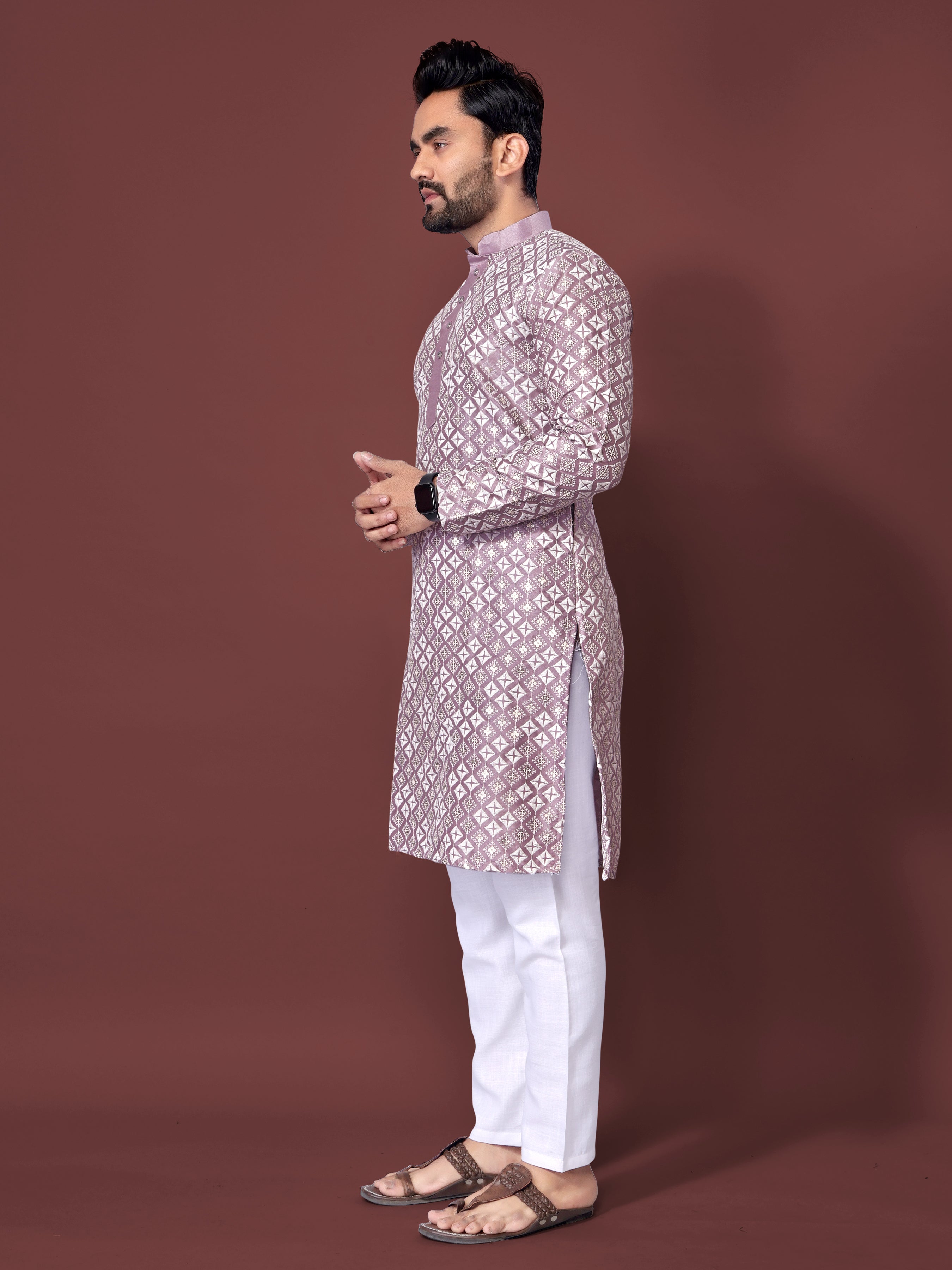 Heavy Work Men's Kurta Pajama In Lavender Soft Silk With Sequence Embroidery