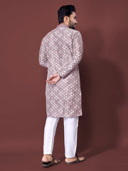 Heavy Work Men's Kurta Pajama In Lavender Soft Silk With Sequence Embroidery