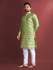 Pista Wedding Mens Kurta Pajama In Jacquard With Heavy Embossed Work