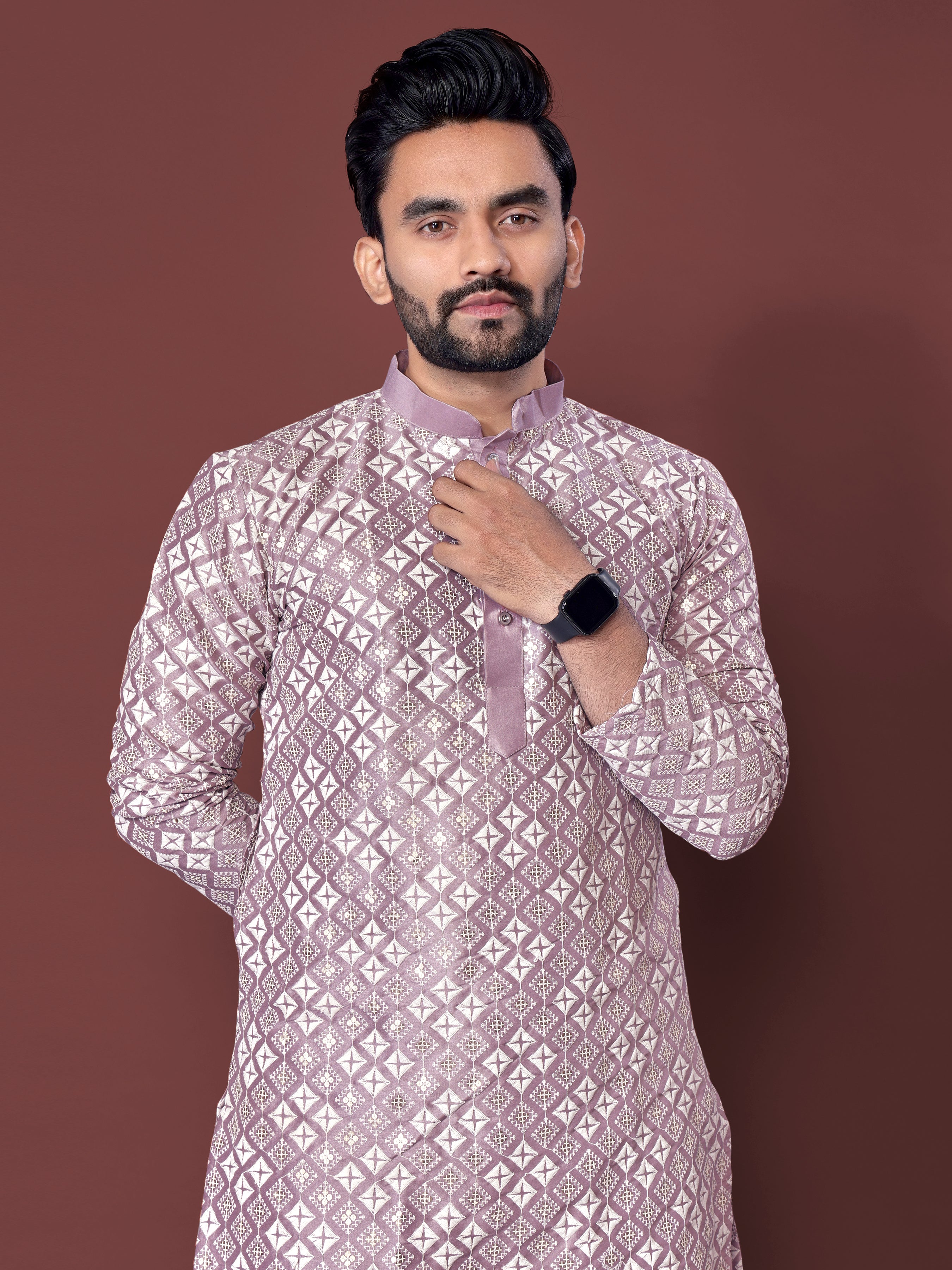 Heavy Work Men's Kurta Pajama In Lavender Soft Silk With Sequence Embroidery