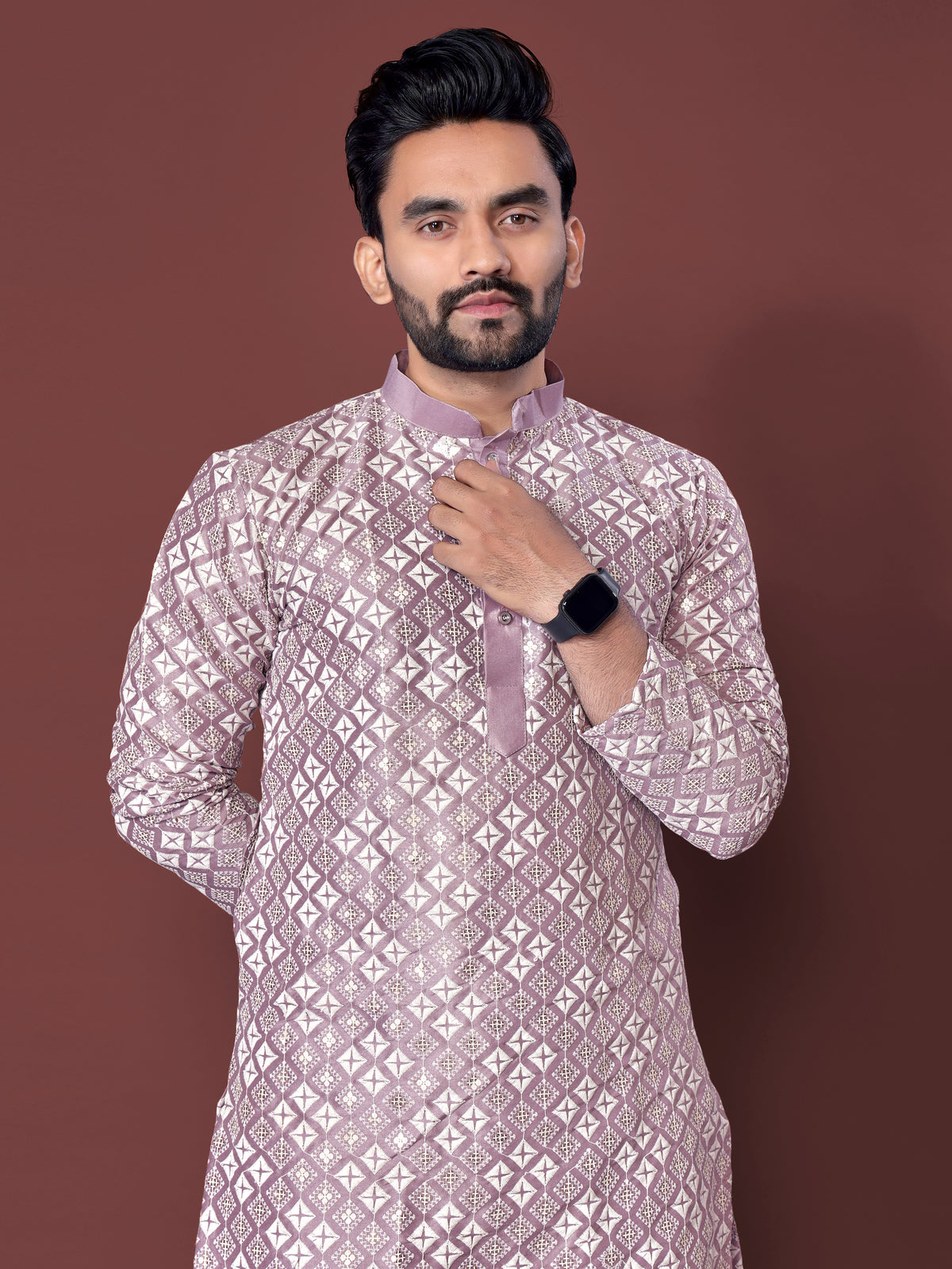 Heavy Work Men's Kurta Pajama In Lavender Soft Silk With Sequence Embroidery