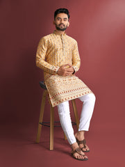 Mustard Wedding Mens Kurta Pajama In Jacquard With Heavy Embossed Work